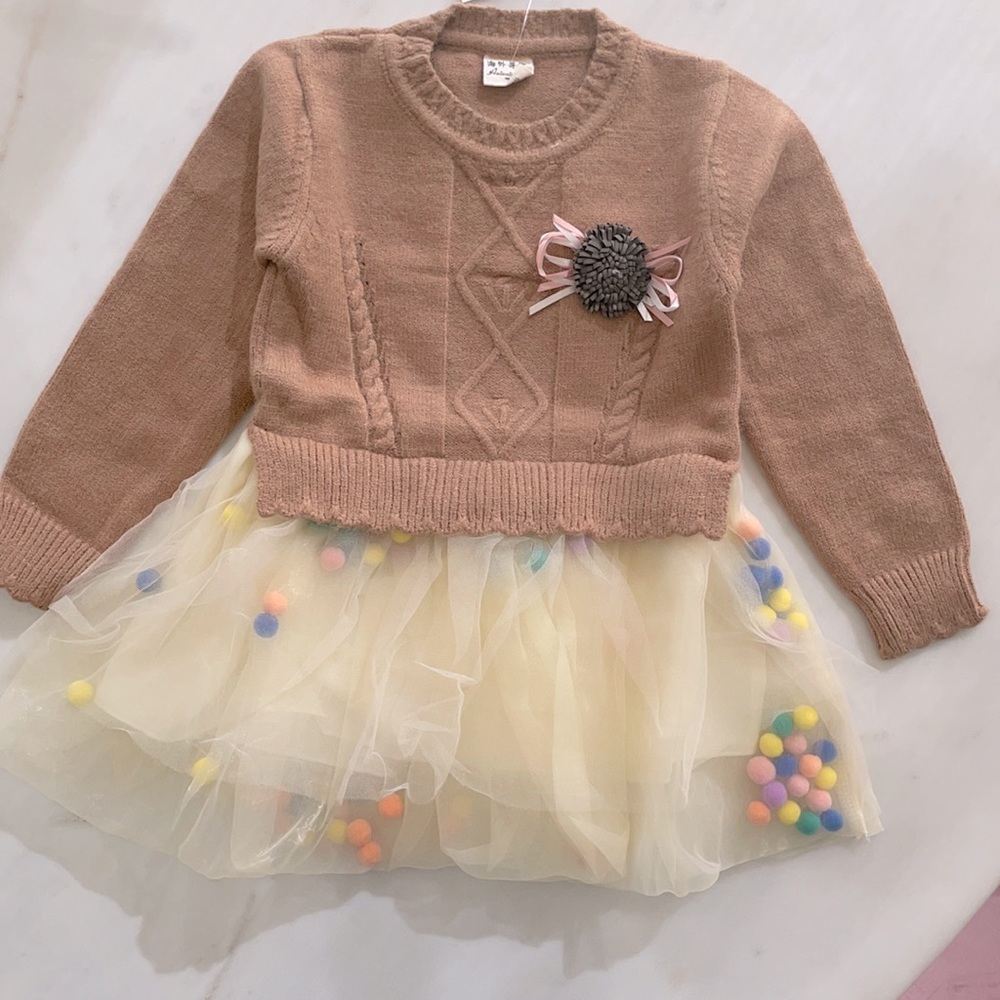 Little Girls Tan Sweater Dress with Tutu - Picture 2 of 3